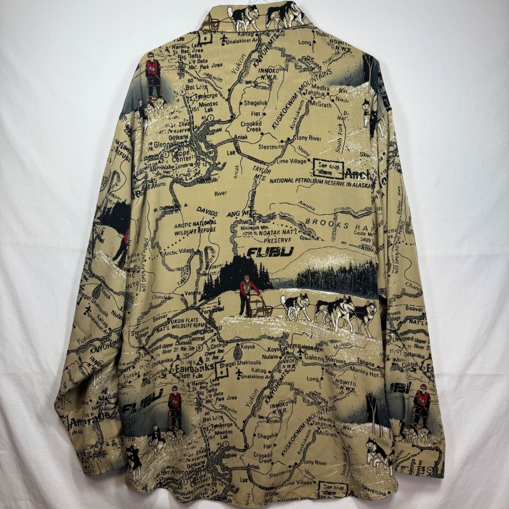 FUBU The Collection Mens XL Alaska Map Dog Sled Long Sleeve Shirt Y2K - Picture 8 of 9